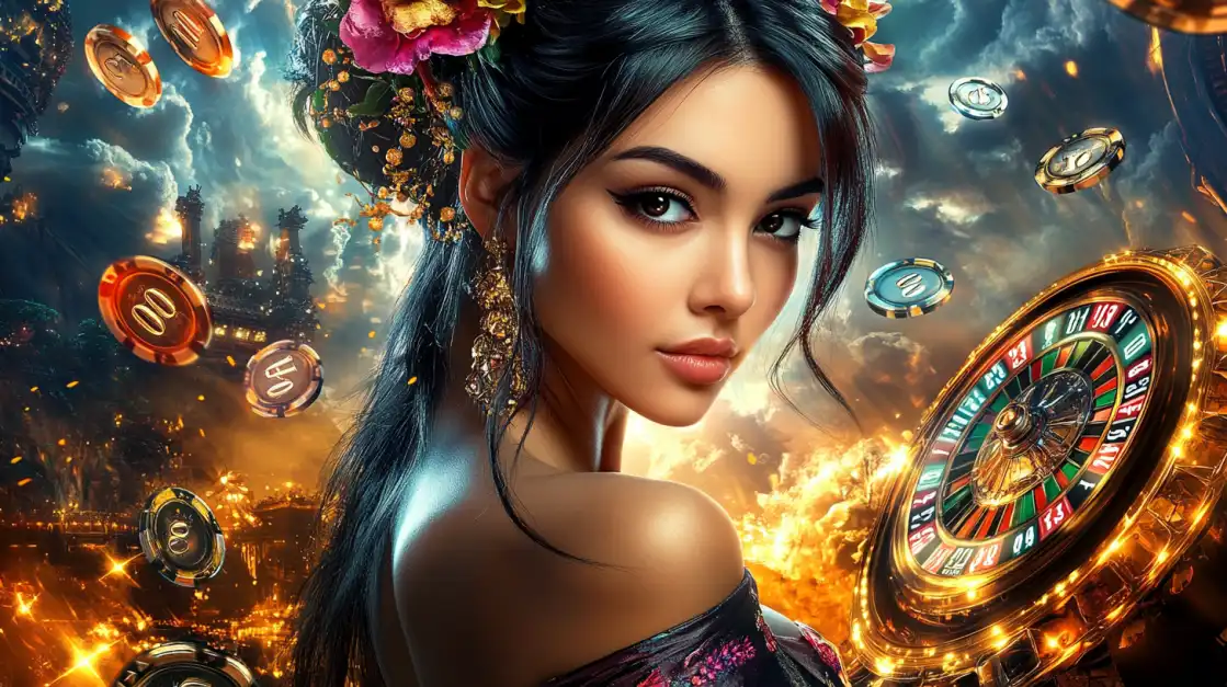 A beautiful woman with flowers in her hair looks over her shoulder as a golden roulette wheel spins behind her, all set against a fiery, magical background. Play and win at 2855 COM.