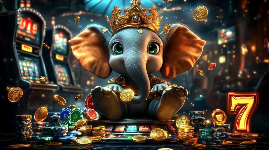 An adorable baby elephant mascot wearing a golden crown sits playfully amongst piles of gold coins and casino chips, with a large lucky number 7 nearby, symbolizing the fun wins at 2855 COM.