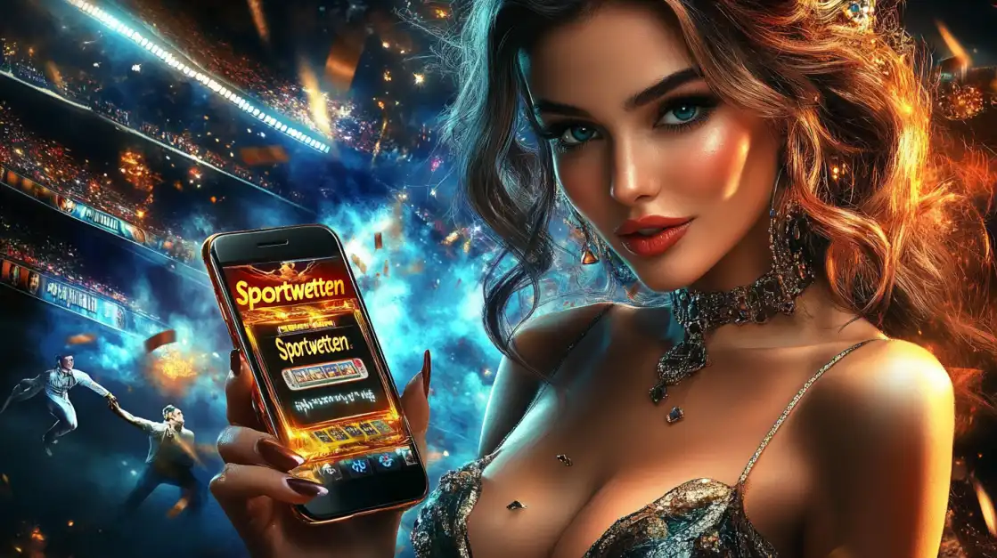 A gorgeous woman in a sparkling dress holds a smartphone showing the 2855 COM sports betting app, set against a dynamic, explosive stadium background.