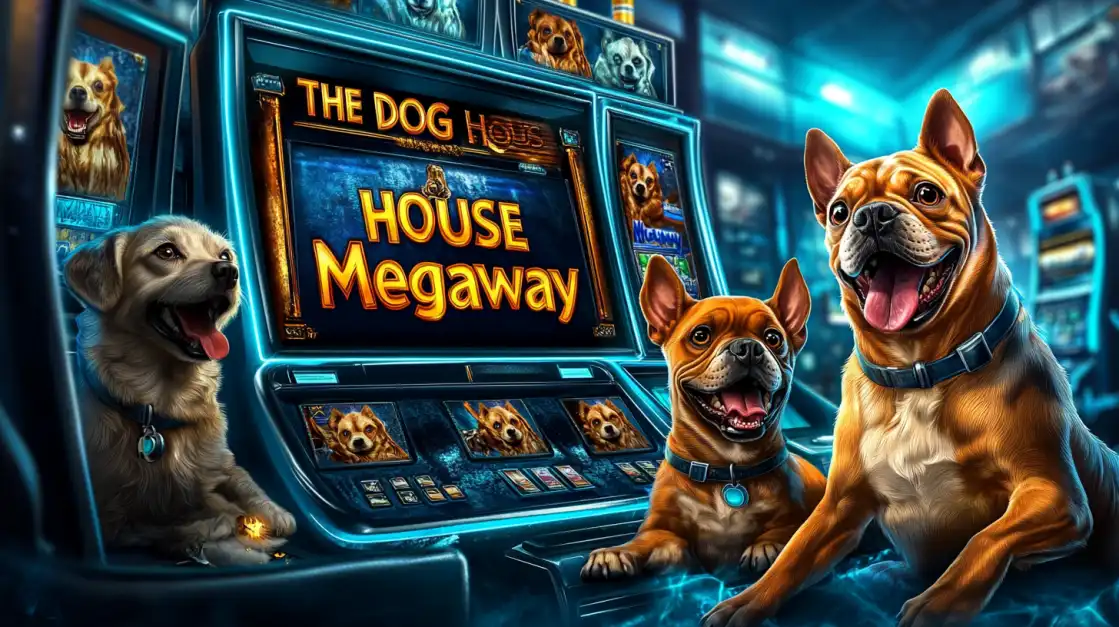 Several happy dogs, including French Bulldogs and a Labrador, sit around a glowing slot machine for 'The Dog House Megaways'. Unleash big wins with this popular game at 2855 COM.