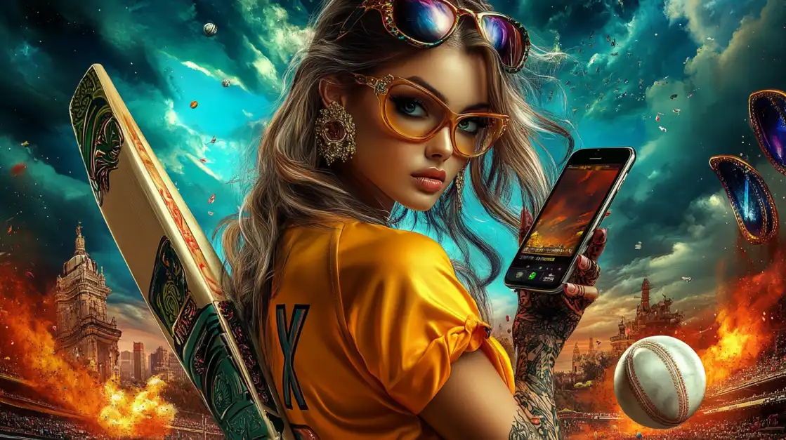 A female cricketer in a yellow top holds a phone with an 'X' on it in a stadium, ready to place a winning bet on the next big match with the 2855 COM sports app.