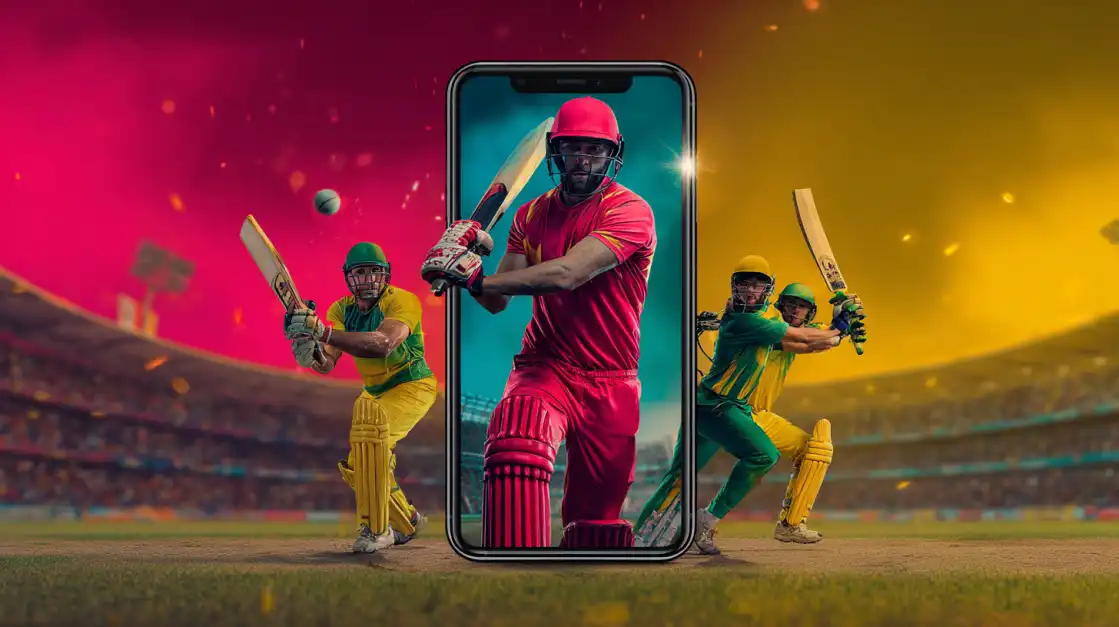 A dynamic image of cricket players in a packed stadium, with the central player framed by a smartphone screen, illustrating the immersive mobile experience of live cricket betting on 2855 COM.