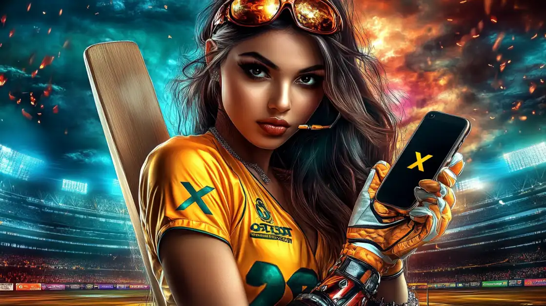 A stylish woman in a yellow top and sunglasses holds a phone and a cricket bat against a fiery, epic background, representing the exciting world of cricket betting on the 2855 COM app.