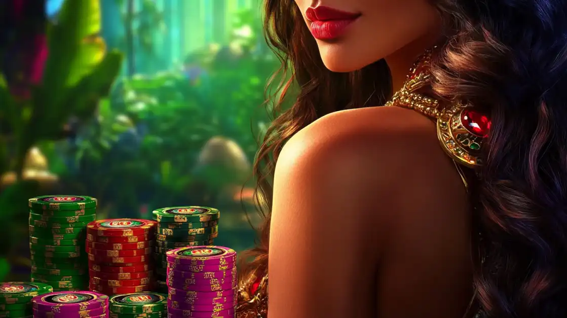 A close-up of a woman's shoulder and elegant jewelry, with stacks of colorful poker chips in a lush, green casino setting, embodying the luxury and mystery of playing at 2855 COM.