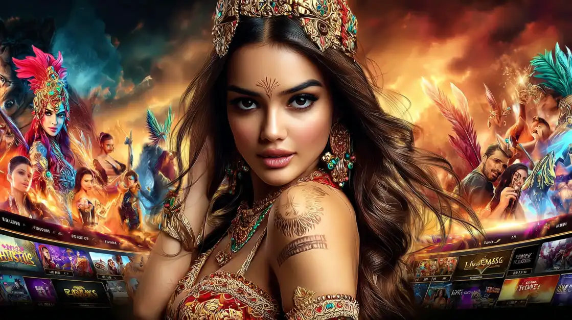 A beautiful queen with a golden crown is surrounded by a gallery of screens showing various fantasy characters, representing the vast selection of epic adventure games at 2855 COM.