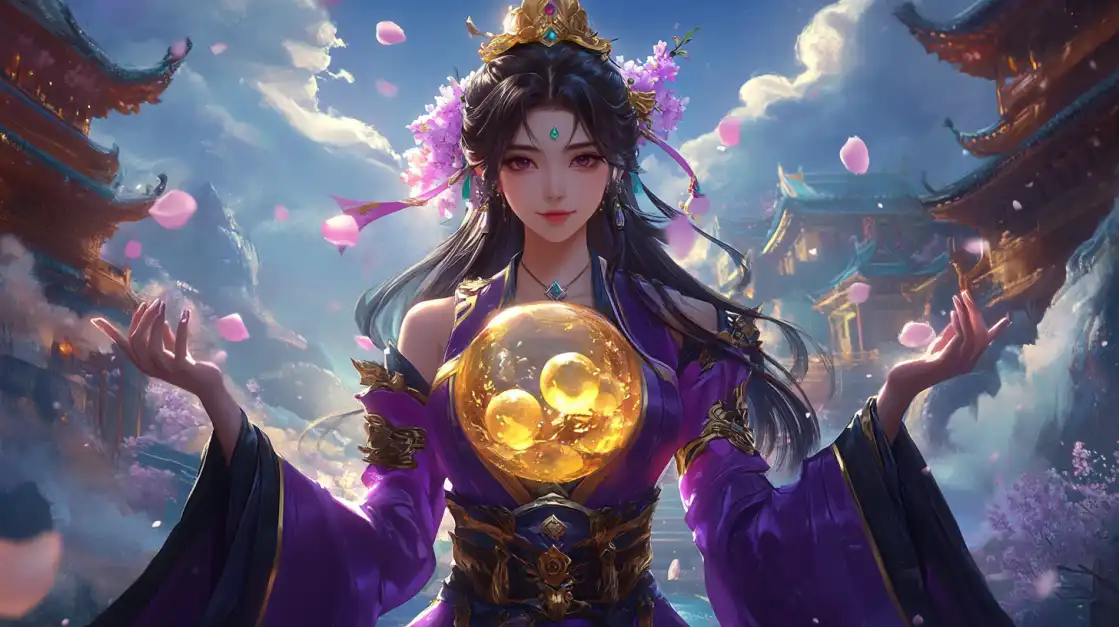 A beautiful goddess in a purple robe holds a golden orb in a magical landscape with pagodas and cherry blossoms, representing the enchanting and mystical slot games at 2855 COM.