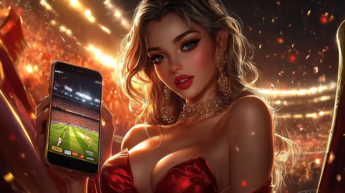 A gorgeous woman in a frilly orange dress and golden heels poses alluringly on a green poker table as a shower of gold coins rains down. Experience high-stakes glamour at 2855 COM.