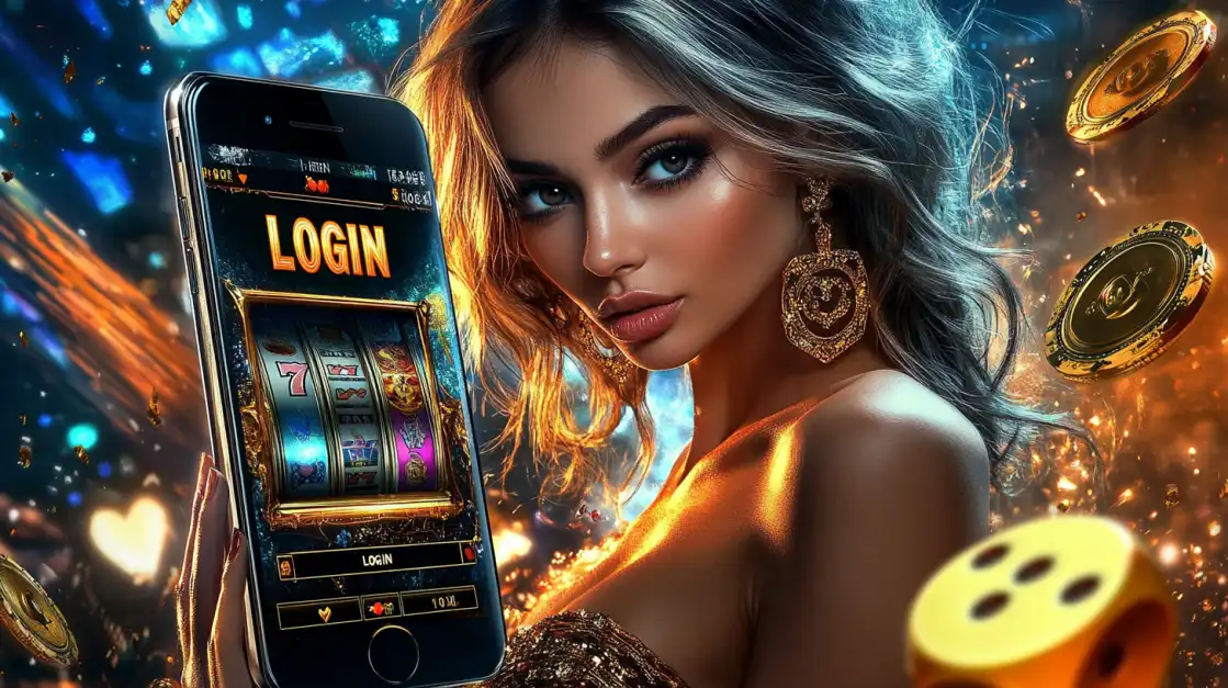 A stylish cartoon woman with curly hair and cool sunglasses holds a phone displaying a colorful gem-matching game, enjoying the fun variety of casual games at 2855 COM.