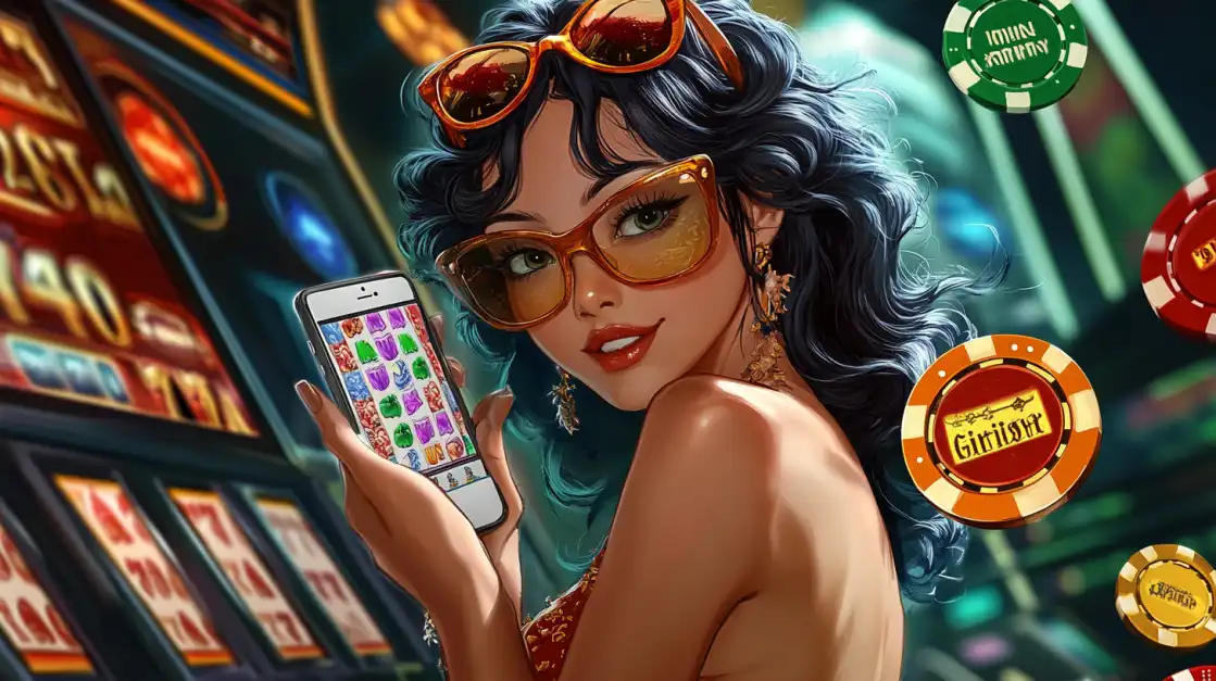 A cute cartoon princess in a golden outfit holds a large smartphone with a 'LOGIN' screen for a magical slot game, inviting you to join the fun at the 2855 COM online casino.