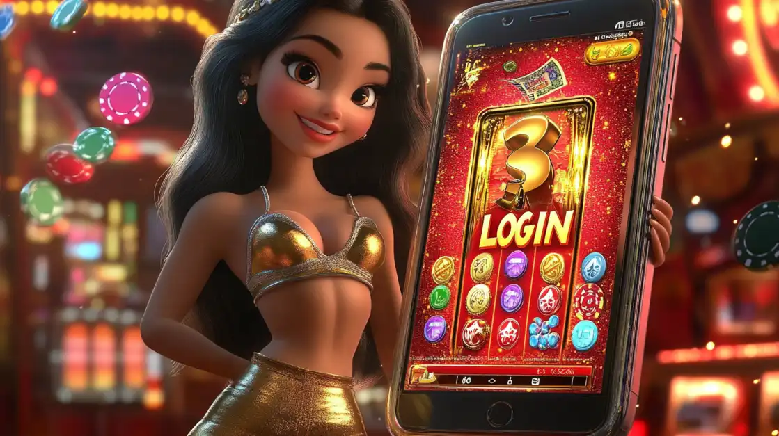 A beautiful blonde woman in a glittering dress holds a smartphone with a 777 slot game login screen, floating in a cosmic scene with dice, hearts, and coins. Log in to 2855 COM for stellar wins.